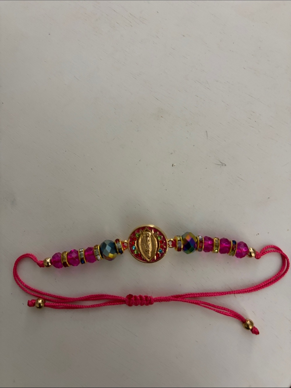 Gold Medallion Pink Beaded Adjustable Bracelet